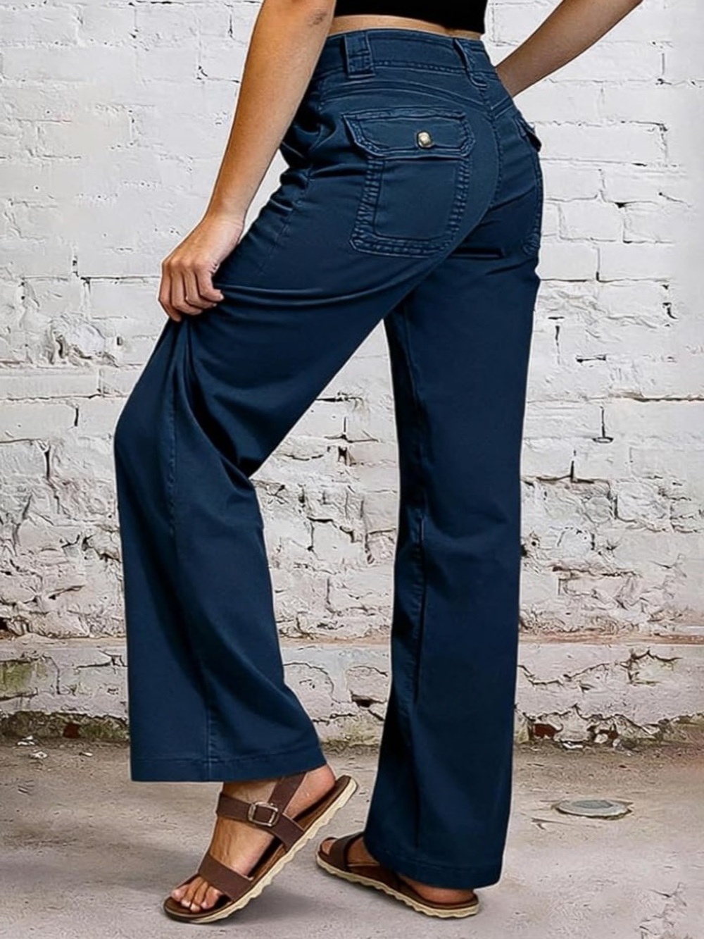 Flamingals Mid Rise Straight Leg Solid Seam Front Flap Pocket Pants Navy Med NWT - Picture 2 of 7